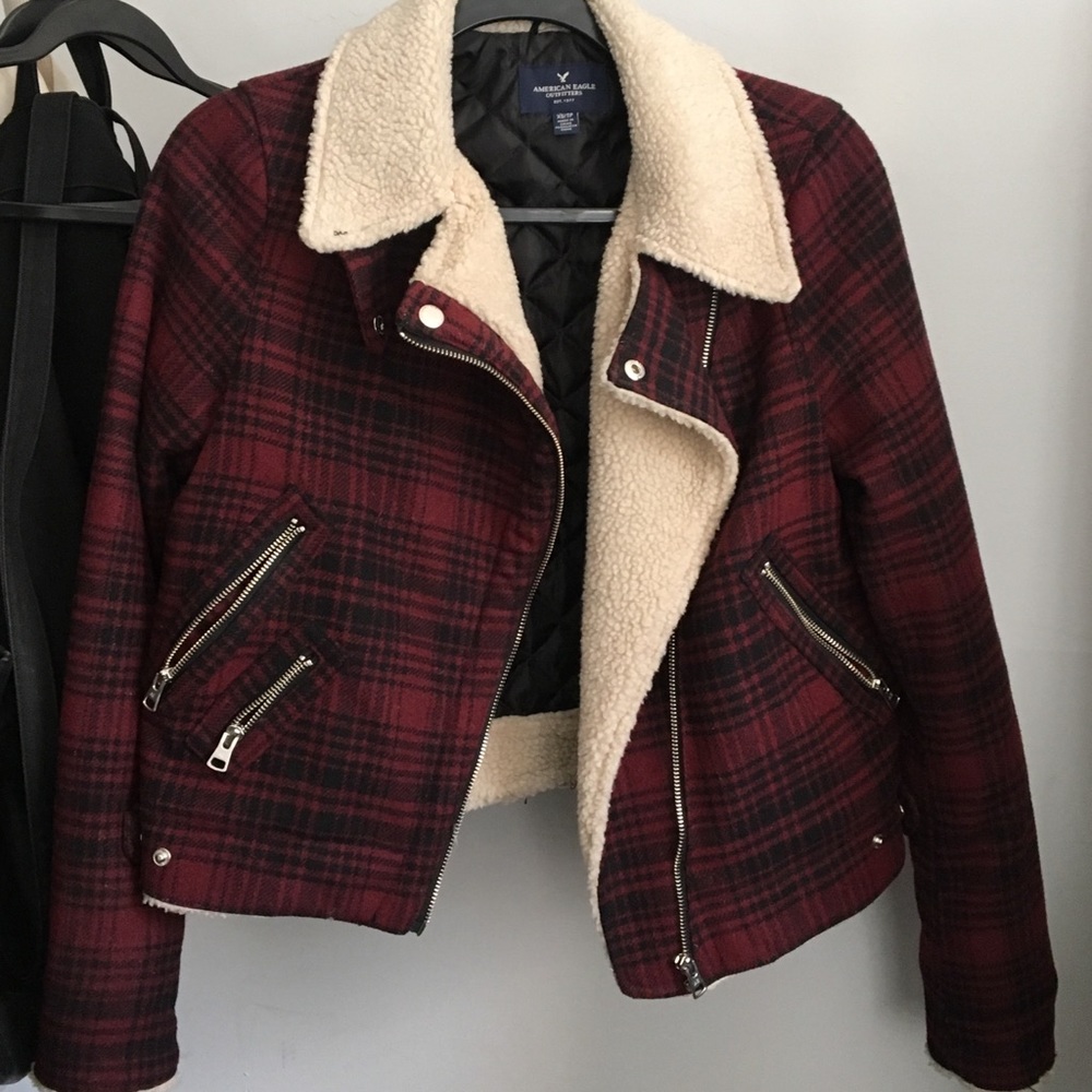 American Eagle Sherpa Plaid Moto Jacket 🌹